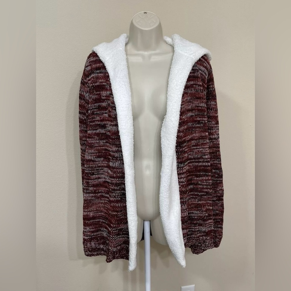 Grave Fame Womens Burgundy & White Trim Long Sleeve Hooded Open Front Cardigan M
